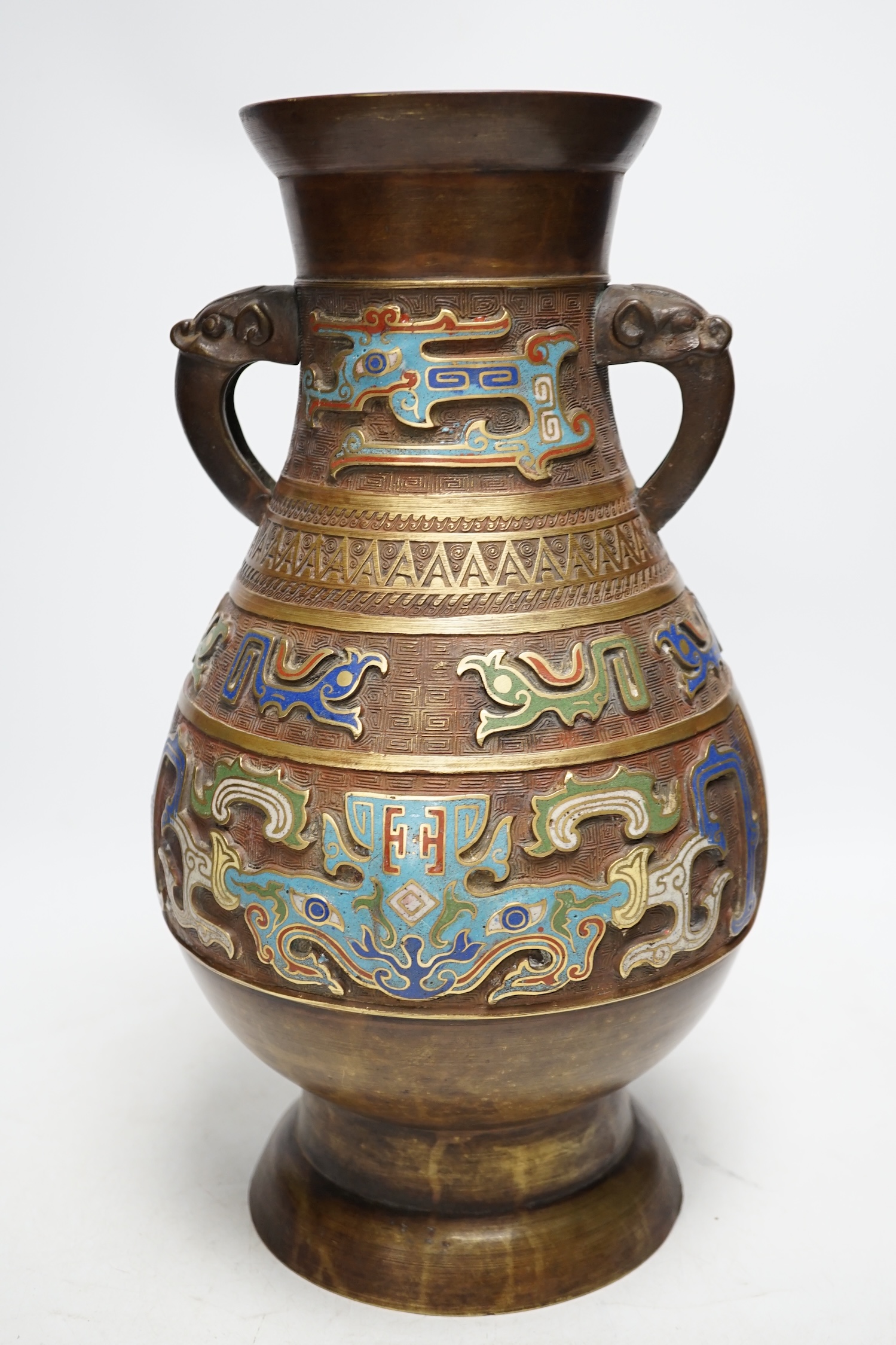 A Japanese bronze and champlevé enamel two handled vase, 40cm high. Condition - fair to good